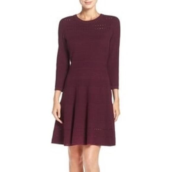 Eliza J Women's Wine Sweater Dress With Cutwork 3/4 Sleeve Fit & Flare Size L - Picture 3 of 13